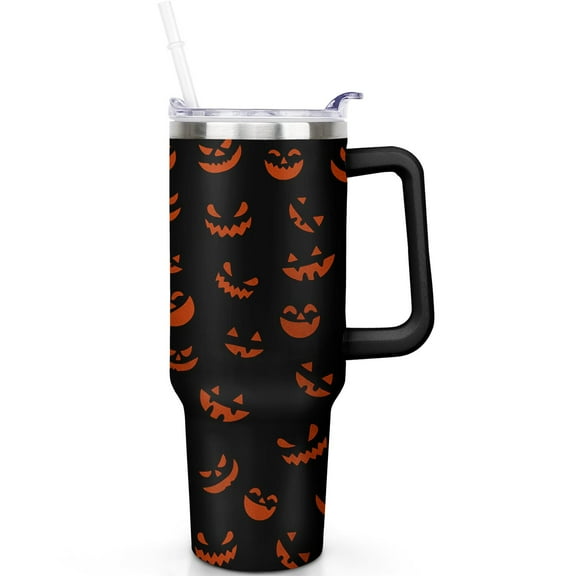 1pc Halloween Orange 40oz Tumbler with Straw & Handle - Insulated Stainless Steel Cup | Holiday Gift for Man Women (Christmas, Valentine's, Birthday)