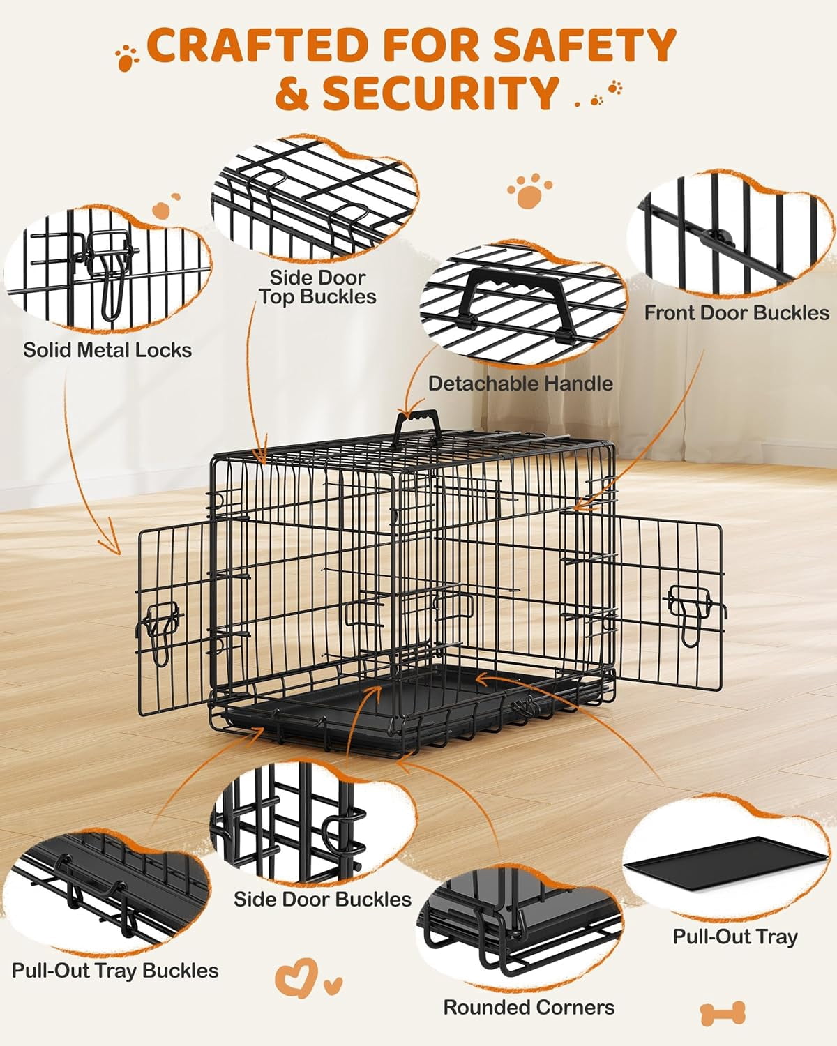 LibraMAl 24 inch Dog Crate Double Door w/Divider for Puppy Collapsible Metal Crate with Removable Tray Wire Kennel Pet Crate for Small Dogs Portable Travel Cage, Black