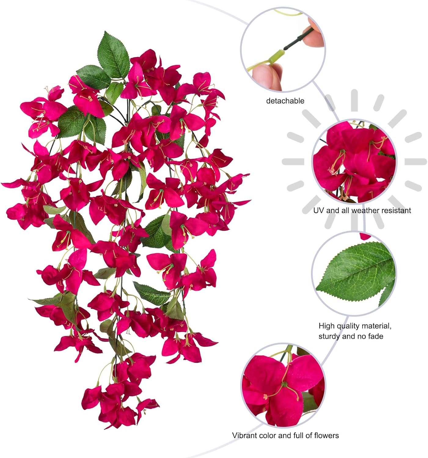 2Pack Artificial Bougainvillea Flowers, Faux Silk Long Vines Hanging Plants for Outdoor Decor, UV Resistant Realistic Fake Flowers for Porch, Patio, Balcony, Yard, Home Summer Decoration, Red Rose