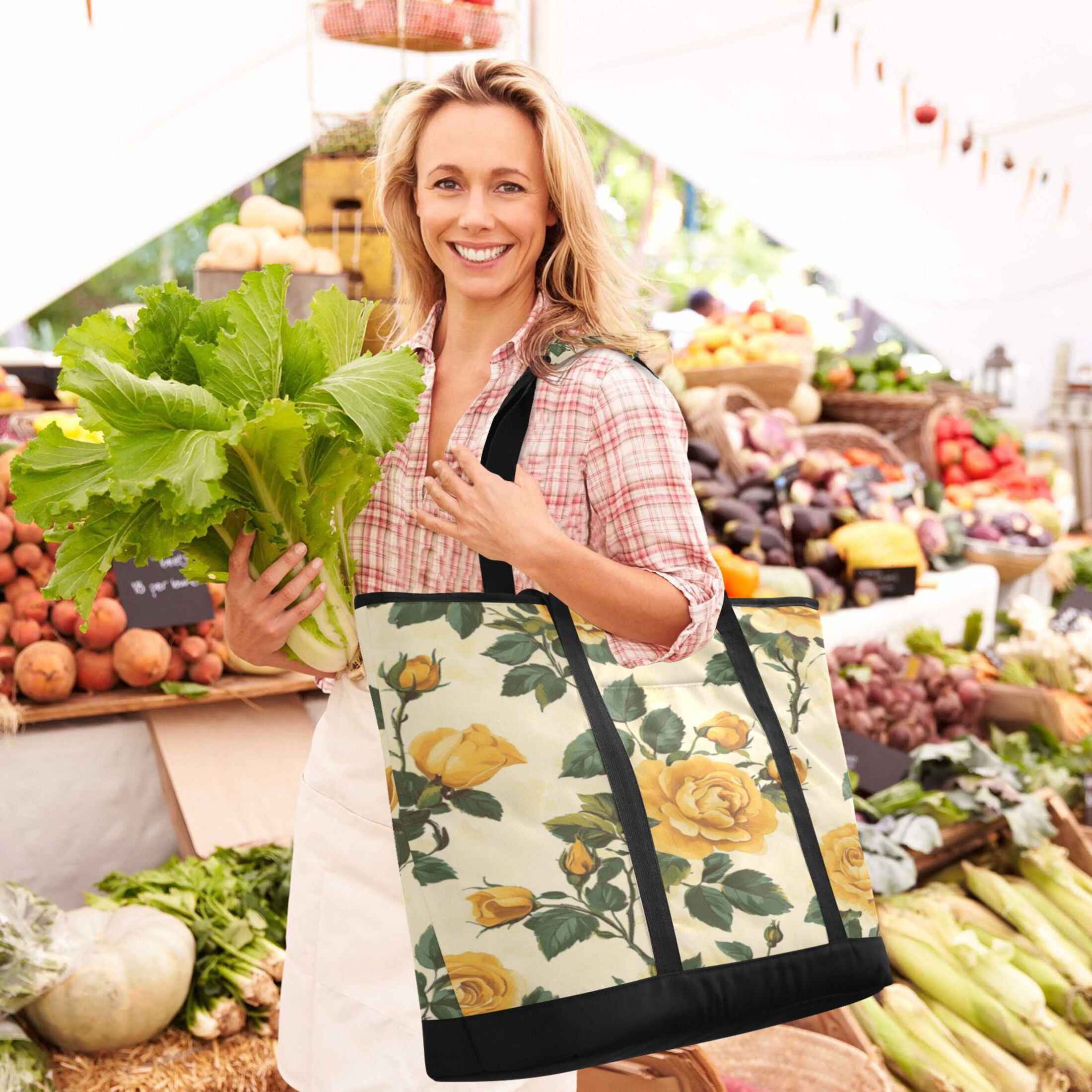 Large Hand-held Ice Pack Picnic Bag Insulation and Refrigeration Suitable for Shopping Picnics and Camping Beautiful Yellow Roses