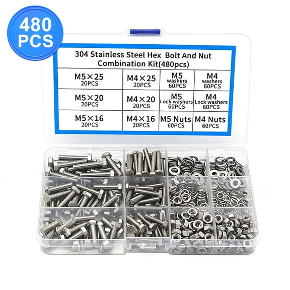 480Pcs 304 Stainless Steel Hex Bolts Nuts Washers Set, Metric M4-M5 Assorted Nuts and Bolts Assortment Kit