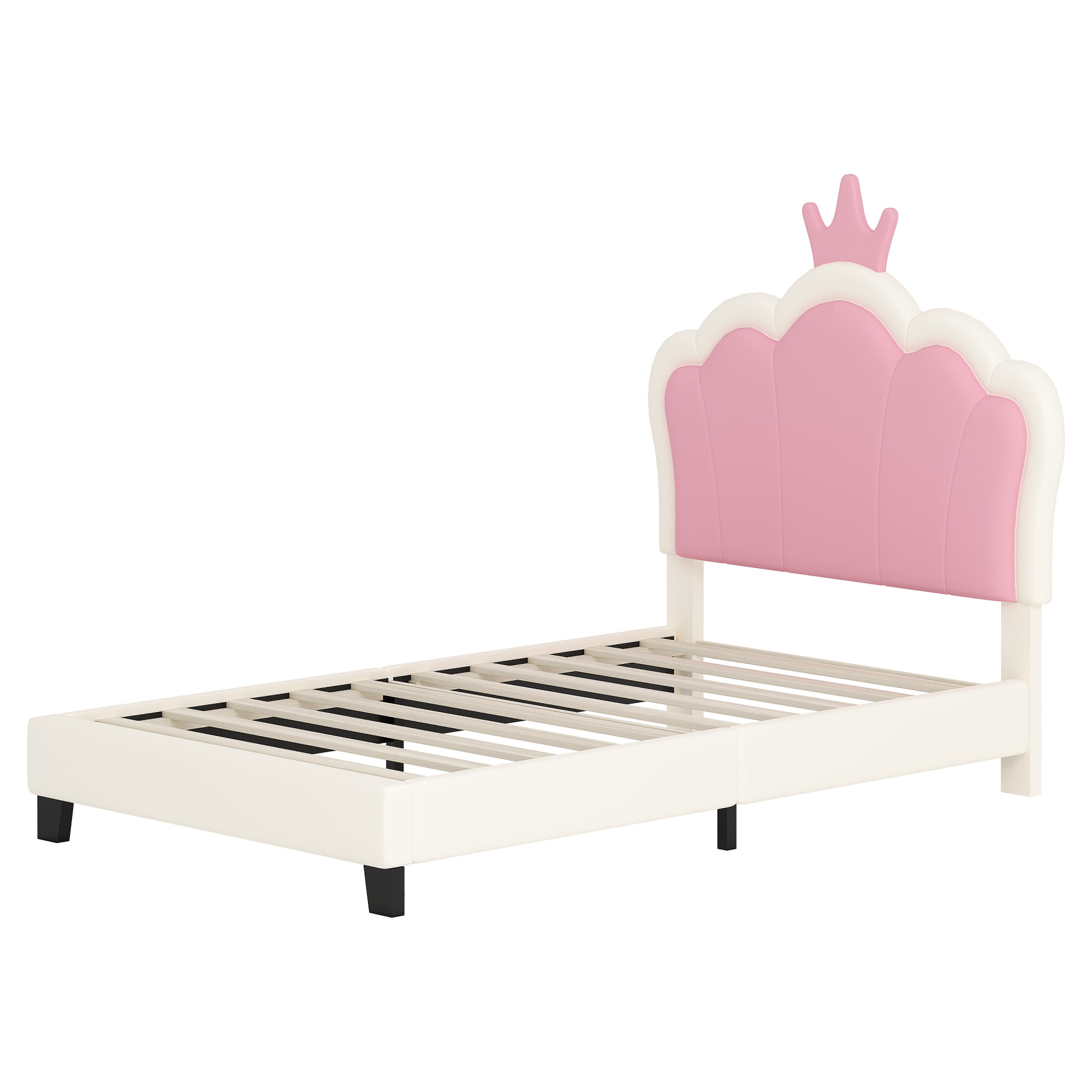 Jopath Twin Size Upholstered Bed, Princess Platform Bed with Headboard, Crown Headboard Design for Toddler Kids Teens Cream