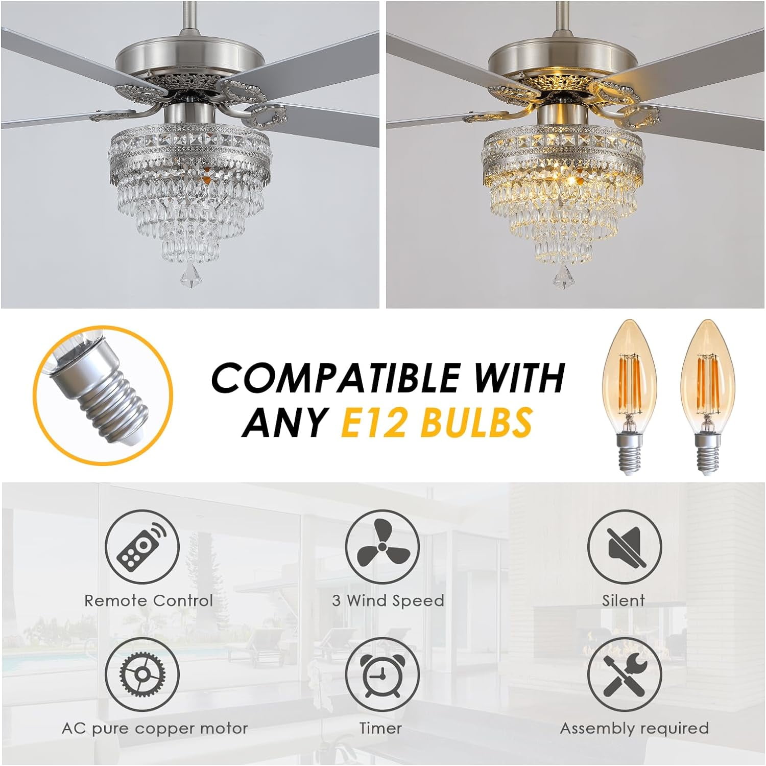PHORUS 52'' Modern Crystal Ceiling Fan with Lights Remote Control,5 Blades Fandelier Ceiling Fan with Light,Whisper-Quiet Motor,Elegant Chandelier Fan for Living Room,Silver