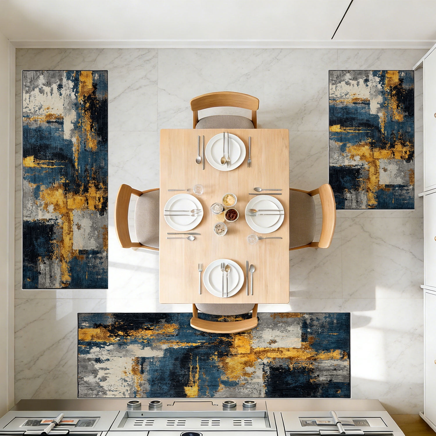 3 Piece Kitchen Rug Set, Abstract Pattern Kitchen Hallway Rug, Soft And Comfortable, Suitable For Sinks, Floors, Entrances, Hallways And Bathrooms