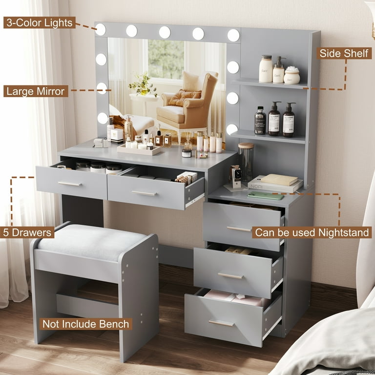 Rovaurx Grey Makeup Vanity Table 46.7 with 11 LED Lights Shelf 5 Drawers Adjustable Brightness RSZT106G Walmart