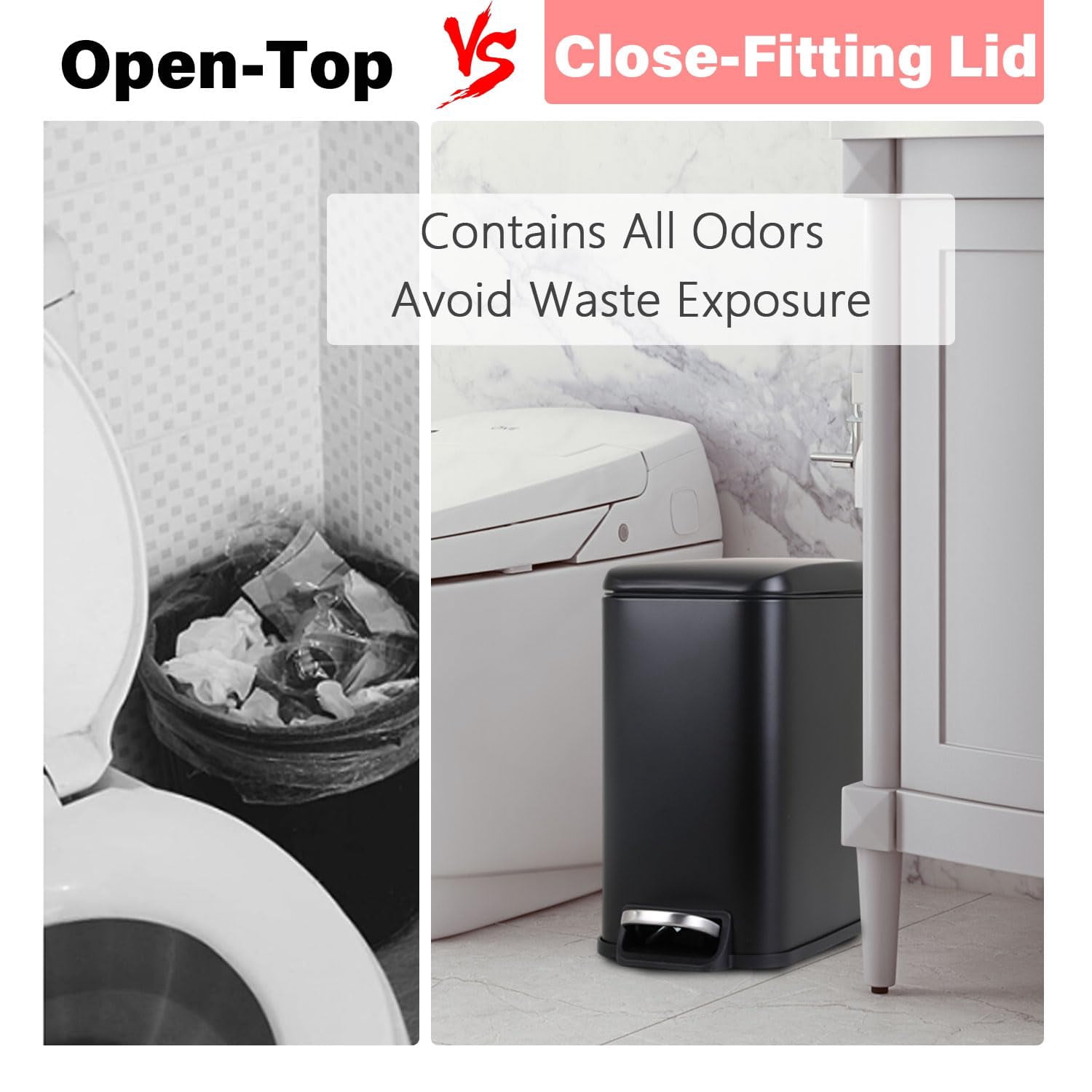 CL.HPAHKL 5L / 1.3 Gallon Slim Step Trash Can, Stainless Steel Bathroom Trash Bin with Lid & Removable Inner Bucket, Pedal Garbage Can for Bathroom,Bedroom,Home Office (2, Black)