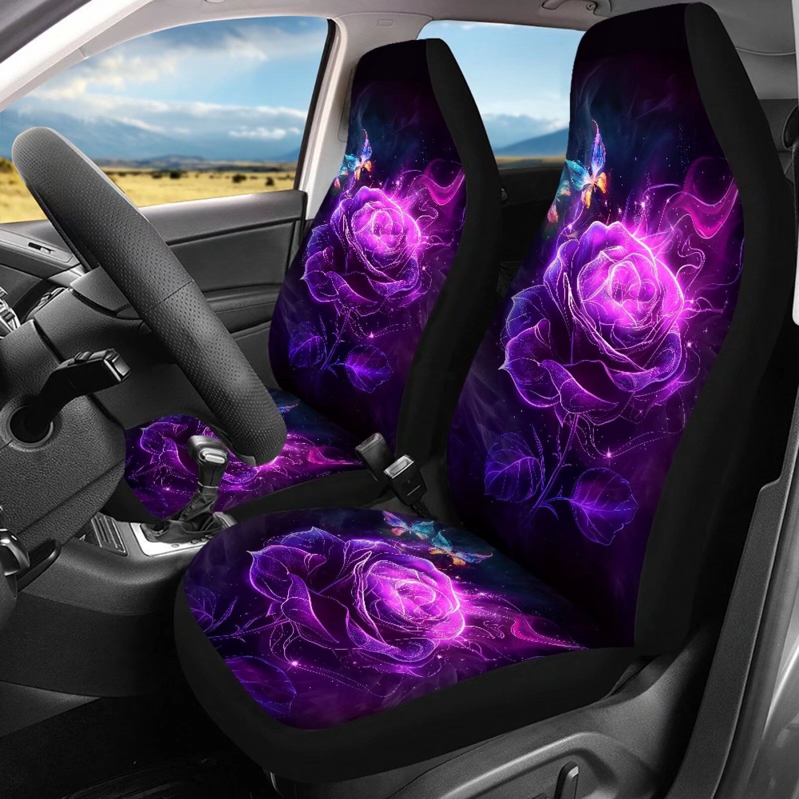 Pzuqiu Purple Rose Butterfly Full Set Universal Seat Covers for Cars Breathable Car Seat Cushion Easy to Install Front and Rear Split Bench Seat Covers Universal Fit Cars Sedans Trucks, Purple