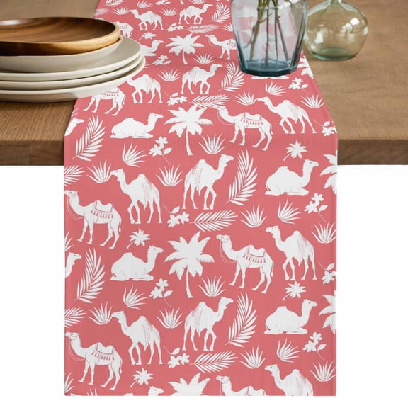 Table Runner 72 Inches Long for Kitchen Dining, Tropical Plants Dresser Scarf Farmhouse, Dining Table Decorations for Wedding/Parties, Summer Farmhouse Vintage Camels Red 16 x 72 In