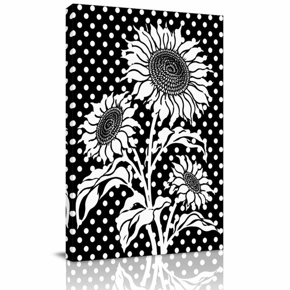 Canvas Wall Art, Black Dot Sunflower Framed Canvas Prints for Living Room Office, Modern Art Vintage Flowers Botanical Large Gallery Wrapped Wall Decor for Home Office, Gifts, 16"x24" Ship Next Day