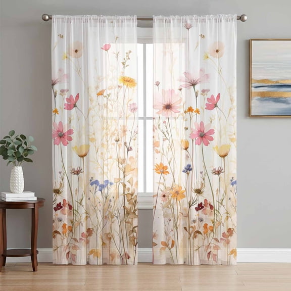 Colorful Wildflower Semi Sheer Window Curtains 108 Inches Long, Botanical Vintage Floral Country Retro Rod Pocket Voile Chiffon Curtain Light Filtering Drapes for Living Room, 52"x108", 2 Panels