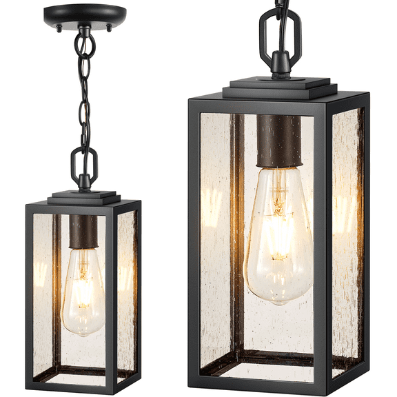 VIANIS Outdoor Hanging Lights - Modern Black Exterior Pendant Light Fixtures with Tempered Seeded Glass, Anti-Rust Adjustable Chain Chandelier Lantern for Front Porch Patio