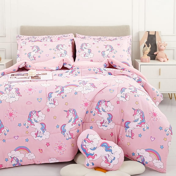 Kids Full Comforter Sets for Girls 8 Pieces Pink Unicorn Bedding Set for Teens Soft Microfiber Kids Bed in A Bag with Comforter, All Season