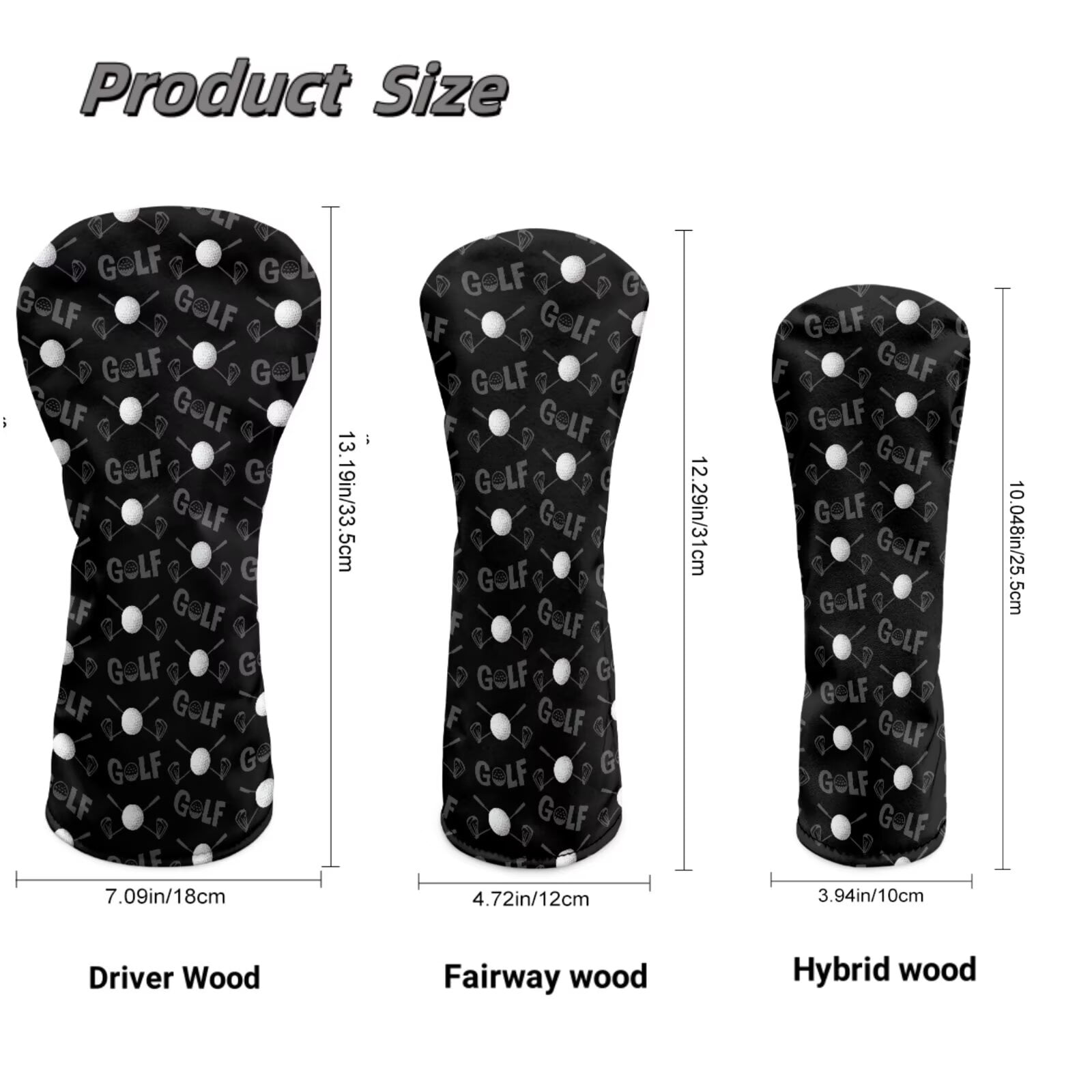 Uorisanigo Golf Club Head Cover PU Leather Black Golf Print Headcovers 3 Pcs Set Fits Driver Fairway Wood Hybrid Headgear, Durable Accessories for Women Men