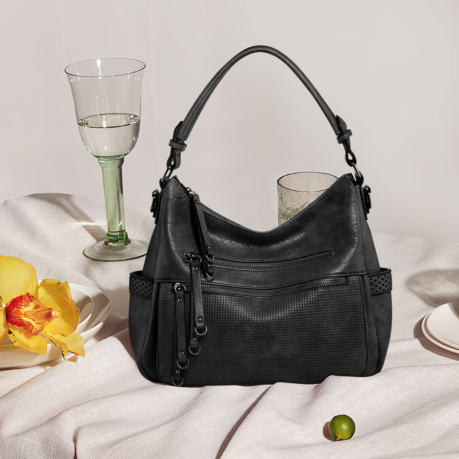 Capamaster Large Capacity Vintage Hobo Bag | Retro PU Leather 2-Way Shoulder Crossbody Purse for Women Black