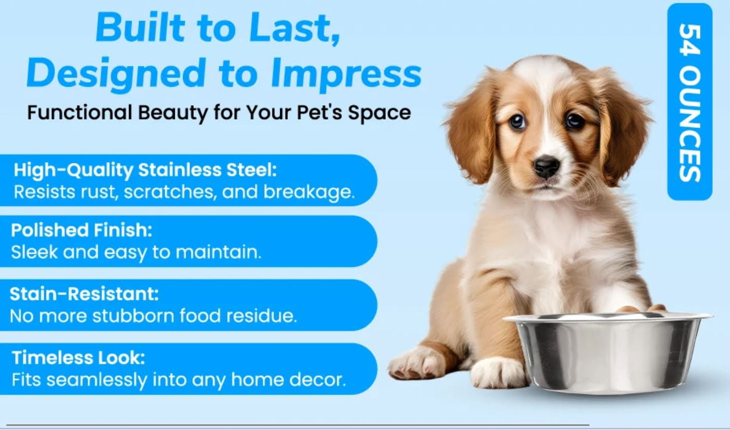4 Pack - Stainless Steel Metal Dog Bowls (54 fl ounces) - Perfect for Dog Food or Water. Ideal for Use on Floor or for Elevated Stands.