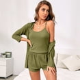 thumbnail image 1 of Conjunto de pijama de 3 piezas para mujer, camiseta de punto acanalado, pantalones cortos, ropa de dormir suave con bata y cárdigan, 1 of 5