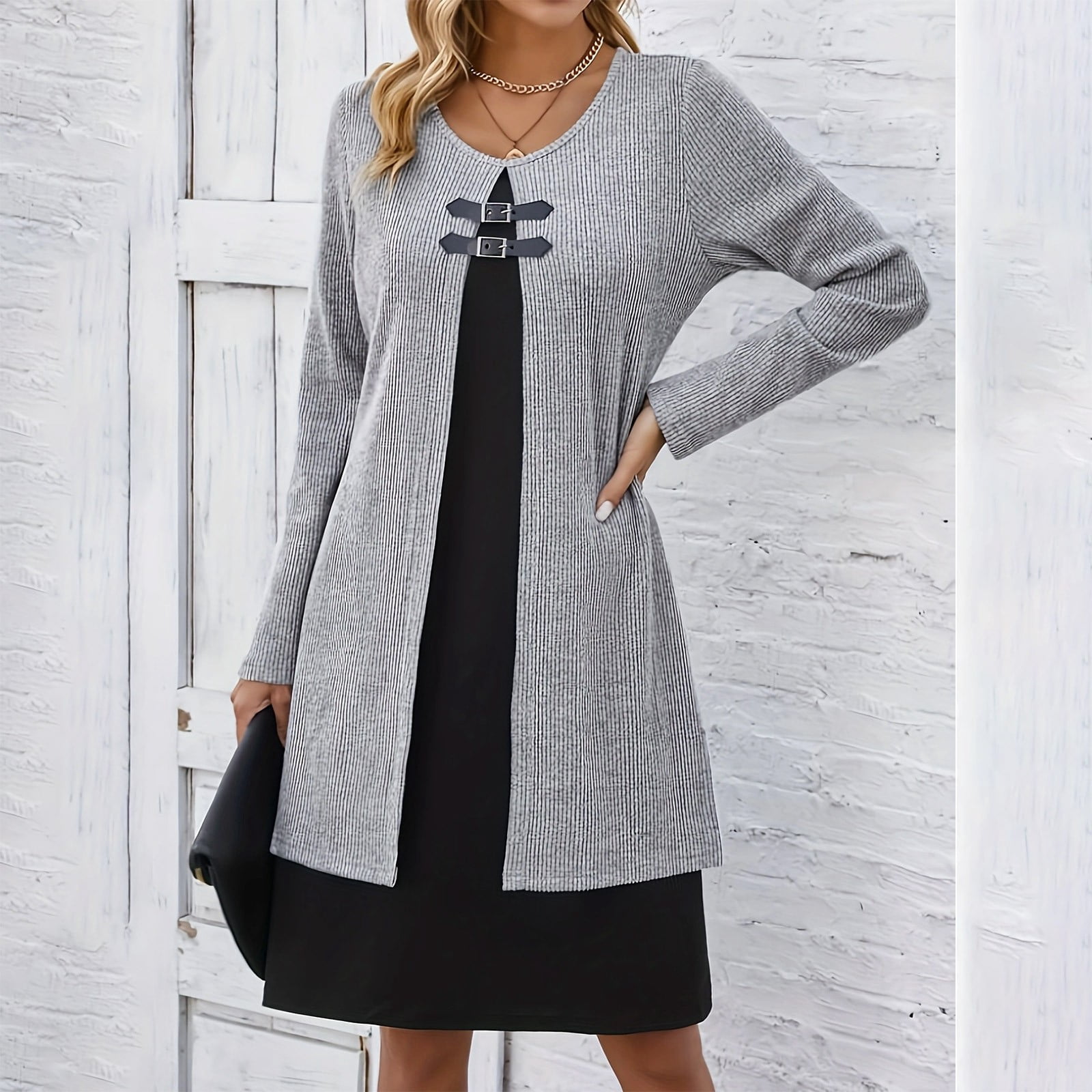 BSDJILFG Sweater Dress Long Sleeve Fall Winter Fake Two Piece Sets Button Mini Shirt Dress
