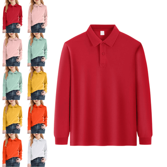 longantii Children School Polo Shirts Casual Lapel Collared Long Sleeve Uniform Classic Fit Back To School T-Shirts Solid Color Pullover for Youth Red 9-10 Year