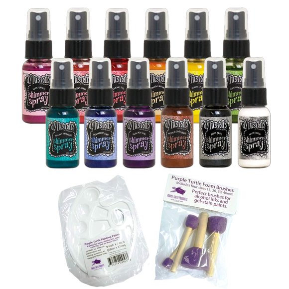 Dylusions Shimmer Spray Bundle - 12 Complete Set - with Purple Turtle Painting Palette and Purple Turtle Foam Brushes