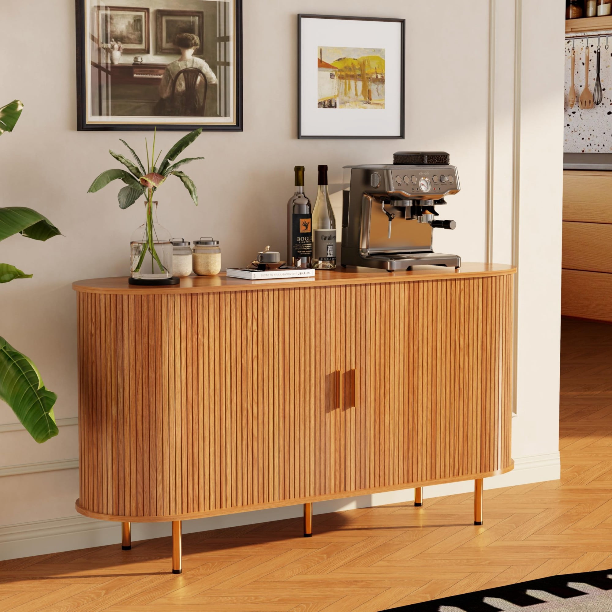 Mid Century Modern Sideboard Buffet Cabinet, 55 Inch Fluted Coffee Bar Console with Tambour Sliding Doors, Yellow