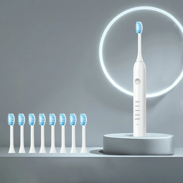 Cepillo de dientes eléctrico recargable para adultos - 5 modos, cerdas suaves, carga USB, impermeable IP65, 8 cabezales de cepillo, blanco/morado/rosa