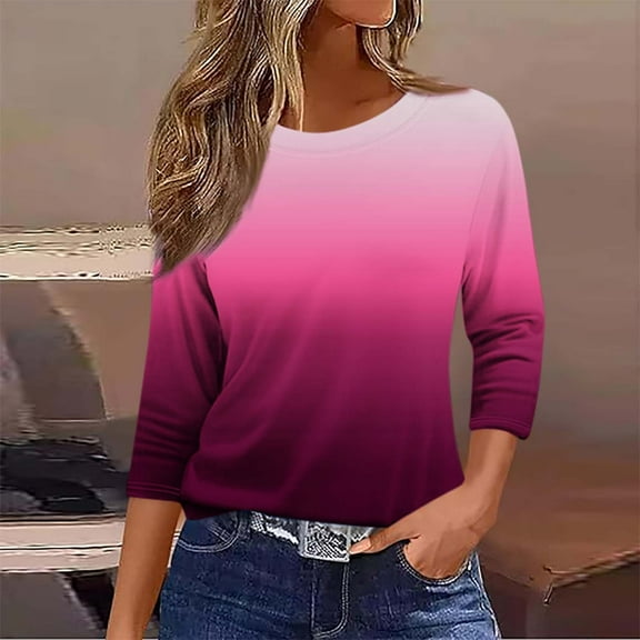 Summer 2025 Womens Tops Casual Summer Pullover Tshirt Gradient Shirt Round Neck T Shirt Three Quarter Length Sleeve Tops