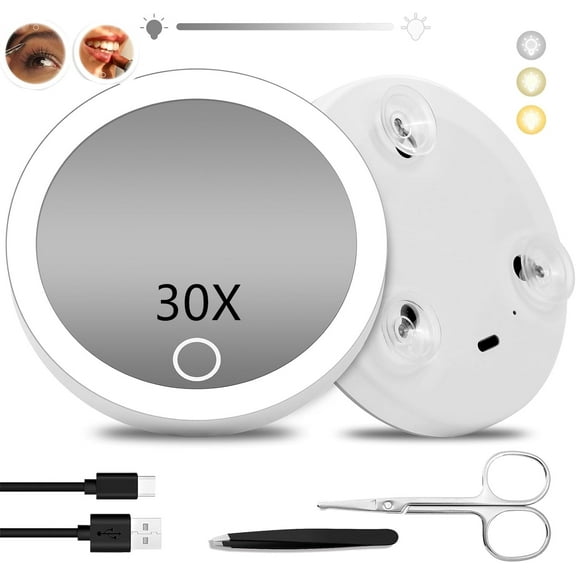 30X Magnifying Mirror with Lights, 4 inch Makeup Magnified Mirror 30X Lighted Travel Magnification with 3 Suction Cups Includes Tweezers & Scissors(White,4Inch)