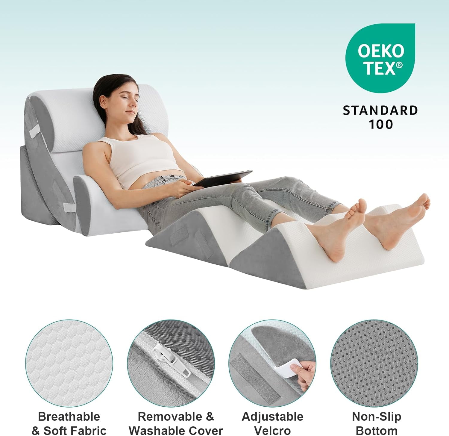 Bed Wedge Pillow Set for After Surgery 6PCS, Post Sleep Apnea and Acid Reflux Relief, Adjustable Reading Pillows Back Support with Memory Foam, White, 23"