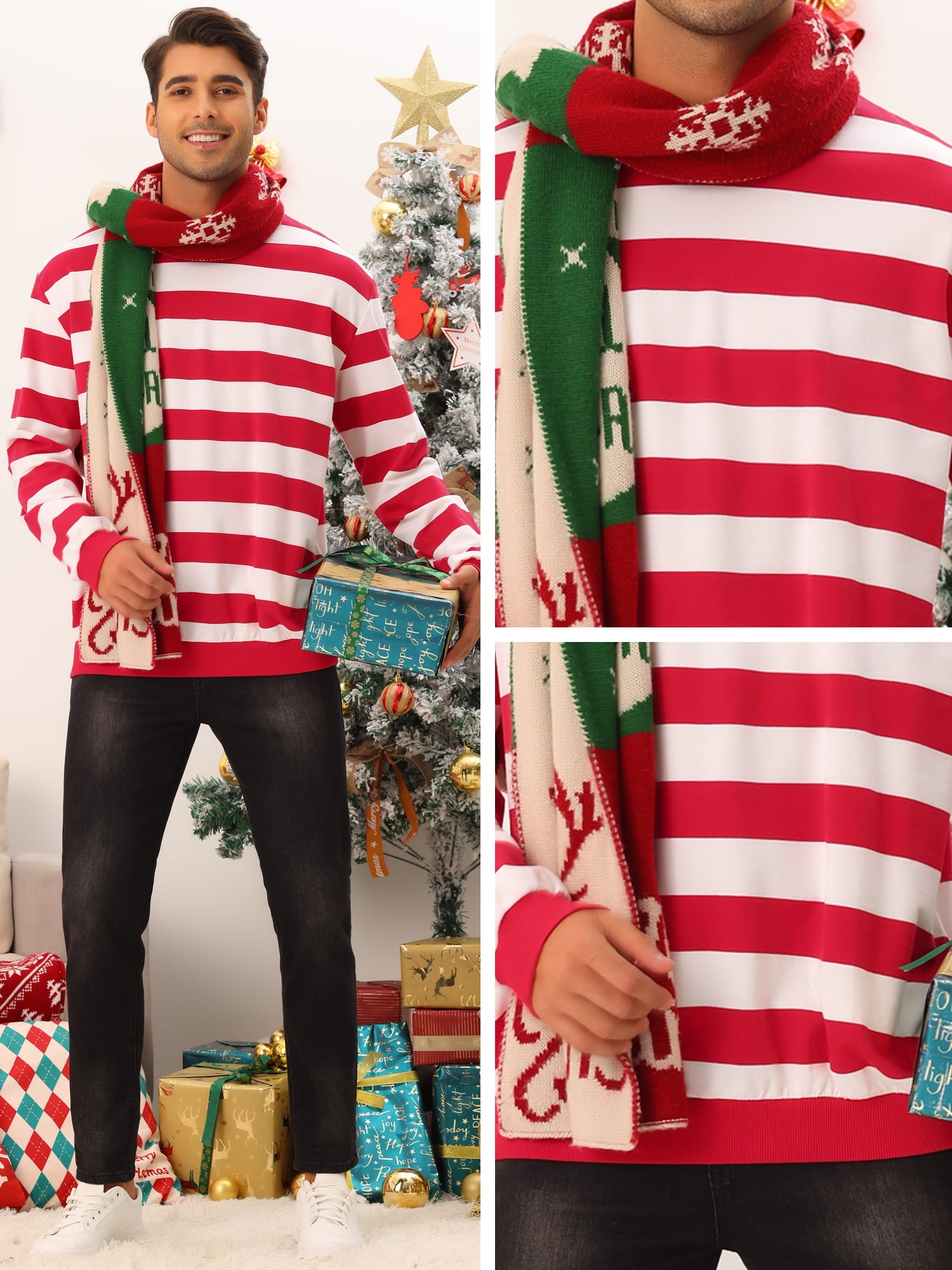 Unique Bargains Men's Striped Crew Neck Pullover Color Block Sweatshirts L Red White