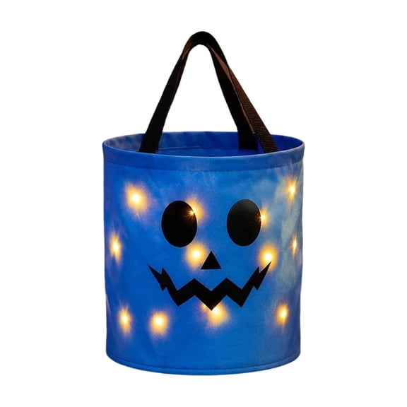Hvmvliv LightUp Halloween Candy Bucket LED Pumpkin Face Halloween Tote Bag for Kids Sturdy Fabric with Reinforced Handles Built-in Warm Lights Blue