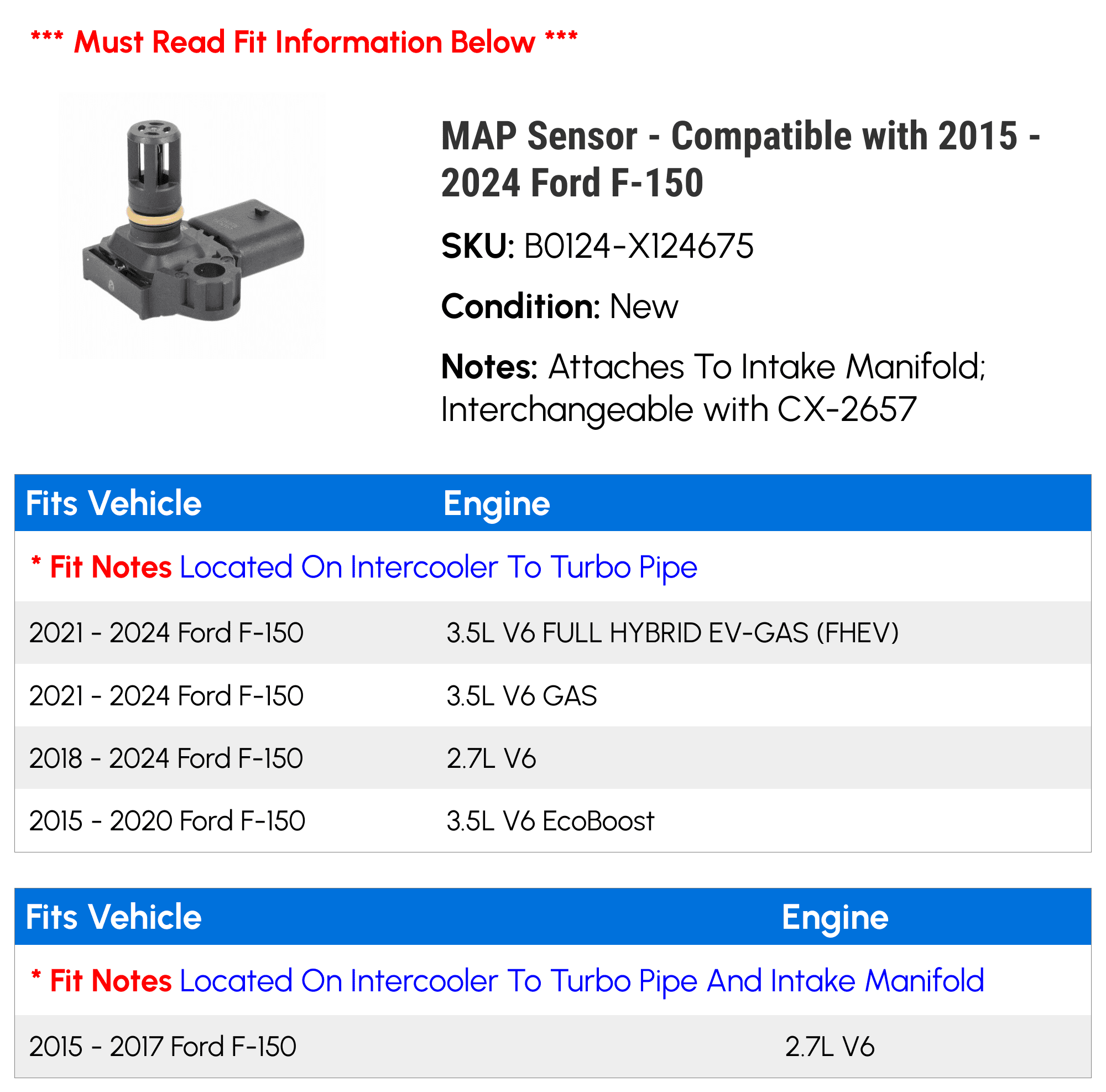 MAP Sensor - Compatible with 2015 - 2024 Ford F-150 2016 2017 2018 2019 2020 2021 2022 2023
