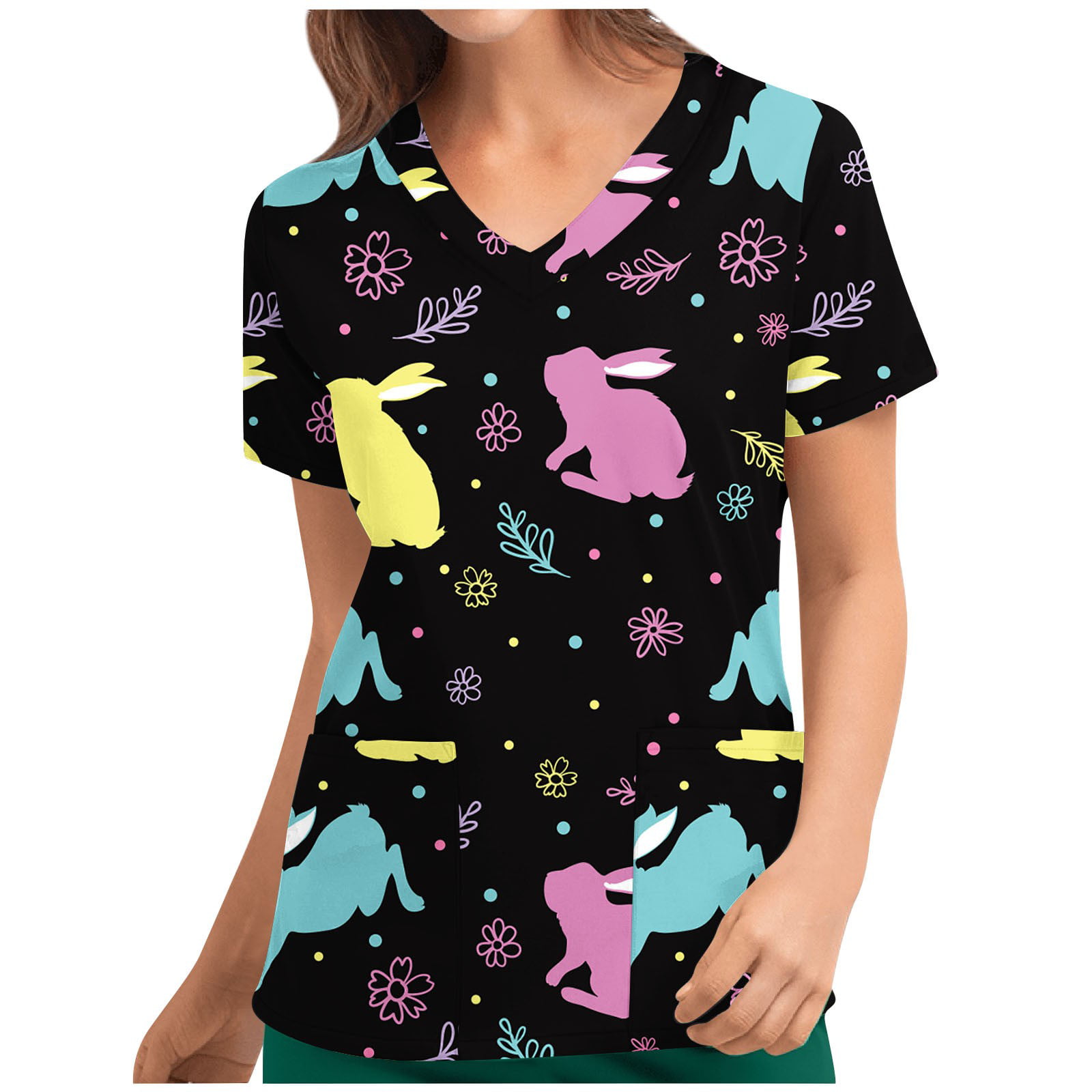 4th of july scrubs for women Cartoon Animal Print Scrub Shirt Tops Short  Sleeve v Neck Working Uniform Medical Workwear with Pocket 