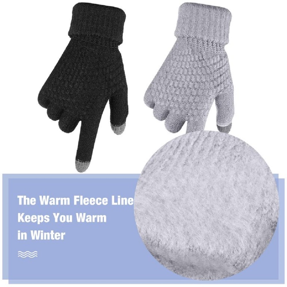 2 Pairs Women Touchscreen Gloves Winter Warm Fleece Lined Knit Gloves Elastic Cuff Winter Texting Gloves Gifts