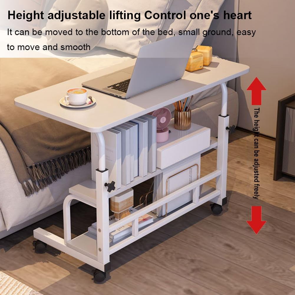 Portable Rolling Desk on Wheels Adjustable Height Mobile Computer Desk for Small Space Small Standing Desk with Storage Shelves for Home Office Study