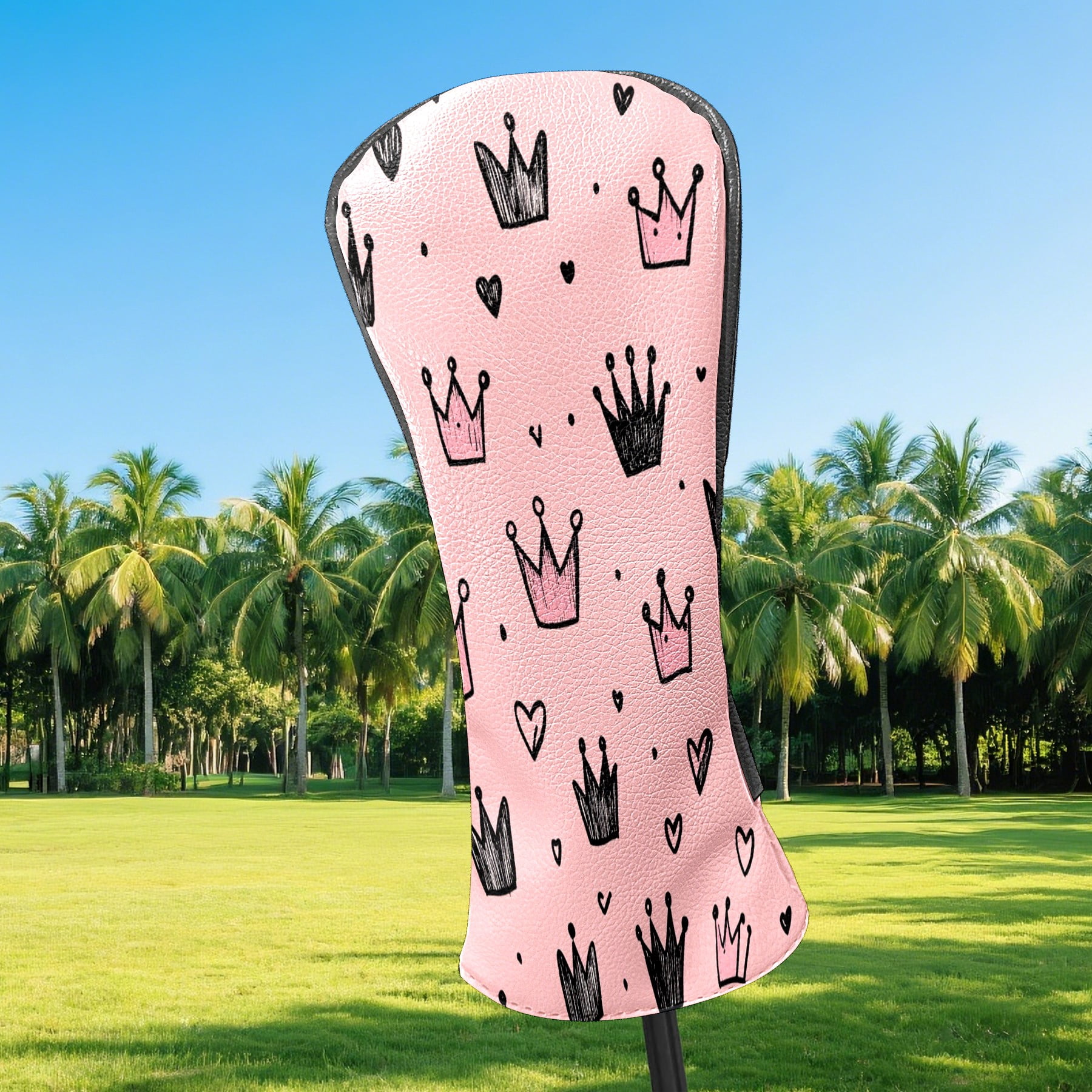 Golf Club Covers, Pink Crown Hearts Premium PU Leather Driver Hybrid Putter Head Covers with Velvet Lining, Waterproof Golf Gifts for Men Women