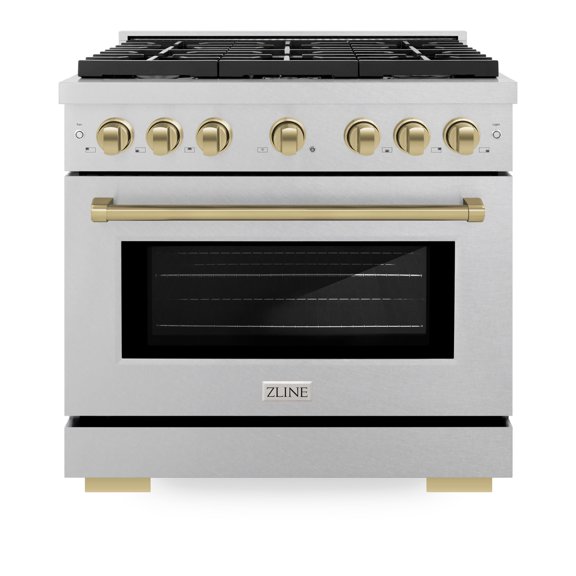 ZLINE Autograph Edition 36 in. 5.2 cu. ft. Paramount Gas Range with 6 Burner Cooktop and Convection Gas Oven in DuraSnow Stainless Steel and Champagne Bronze Accents (SGRSZ-36-CB)