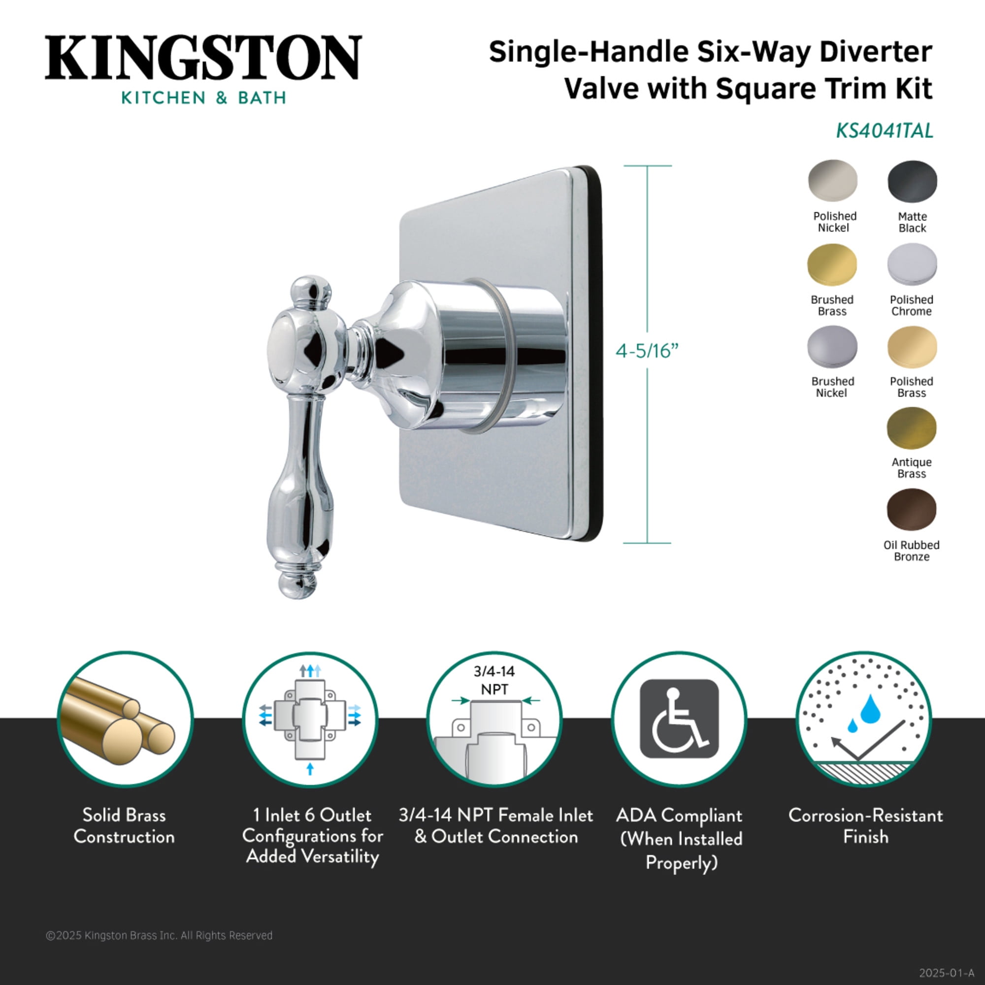Kingston Brass KS4048TAL Tudor Single-Handle Six-Way Diverter Valve with Square Trim Kit, Brushed Nickel
