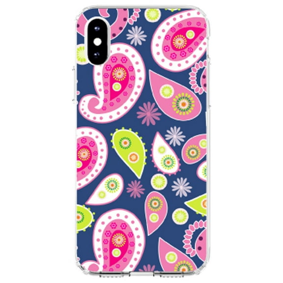 DistinctInk Clear Shockproof Hybrid Case for iPhone XR (6.1" Screen) - TPU Bumper, Acrylic Back, Tempered Glass Screen Protector - Pink Green Navy Paisley