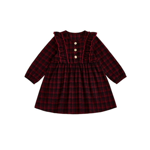 Miaouyo 0-3T Toddler Baby Girls Plaid Spring Autumn Dress Long Sleeve Round Neck Button Up A-line Dress