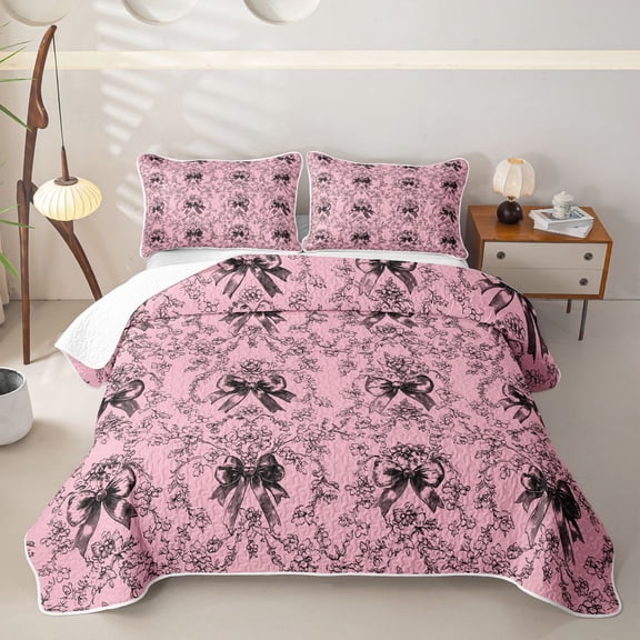 Homewish Dreamy Bow-Tie Twin Quilt Set For Girls,Black Pink Twin Coverlet Set,2 Pieces