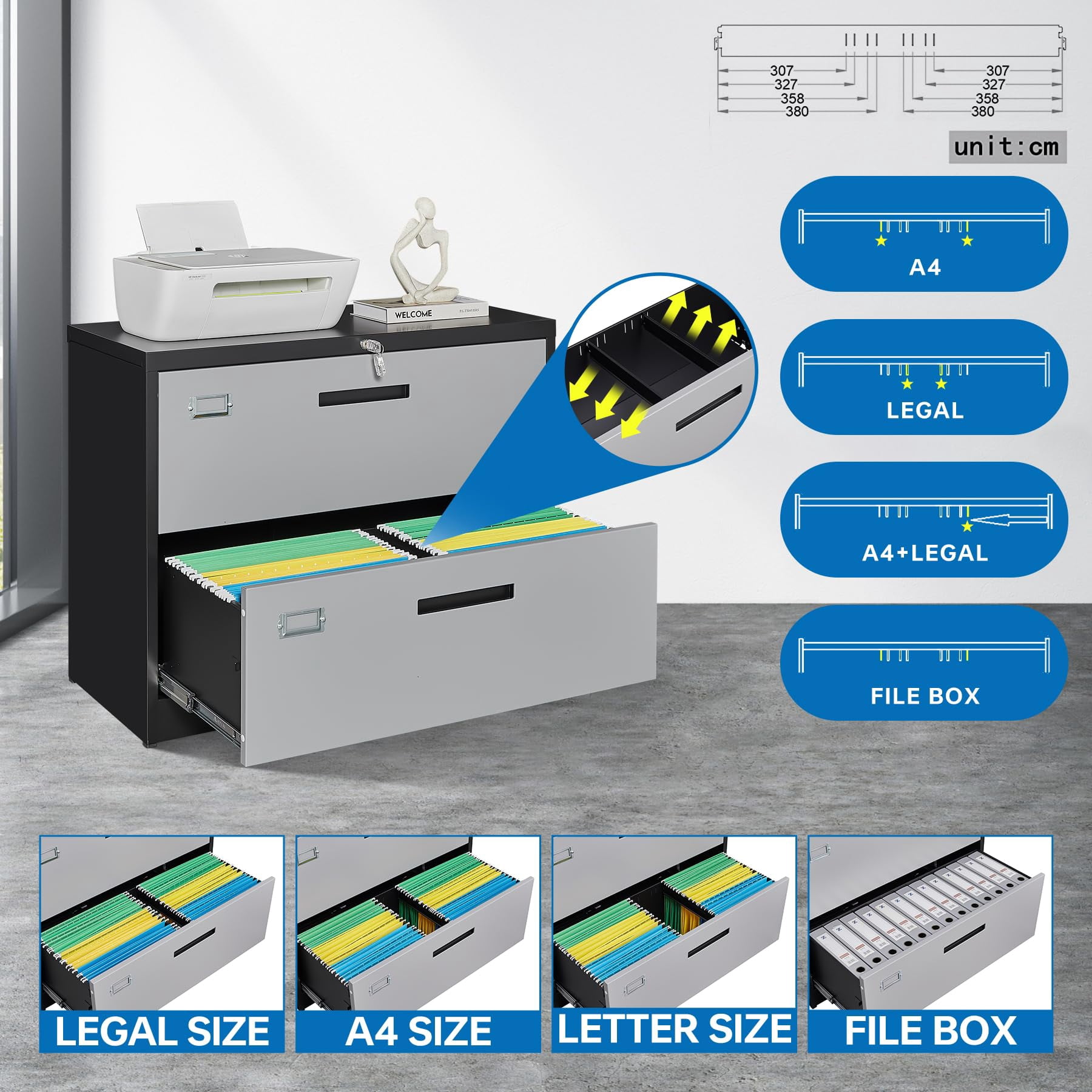 STANI 2 Drawer Lateral File Cabinet Metal Filing Cabinet with Lock Office Home Lateral File Cabinet for A4 Legal/Letter Size File Cabinet Locked,Assembly Required