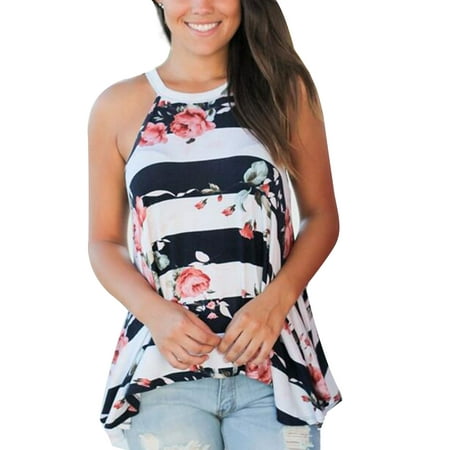Halter Neck Tops Blouse for Women Floral Print Sleevelees Striped Pattern Irregular Hem T-Shirt