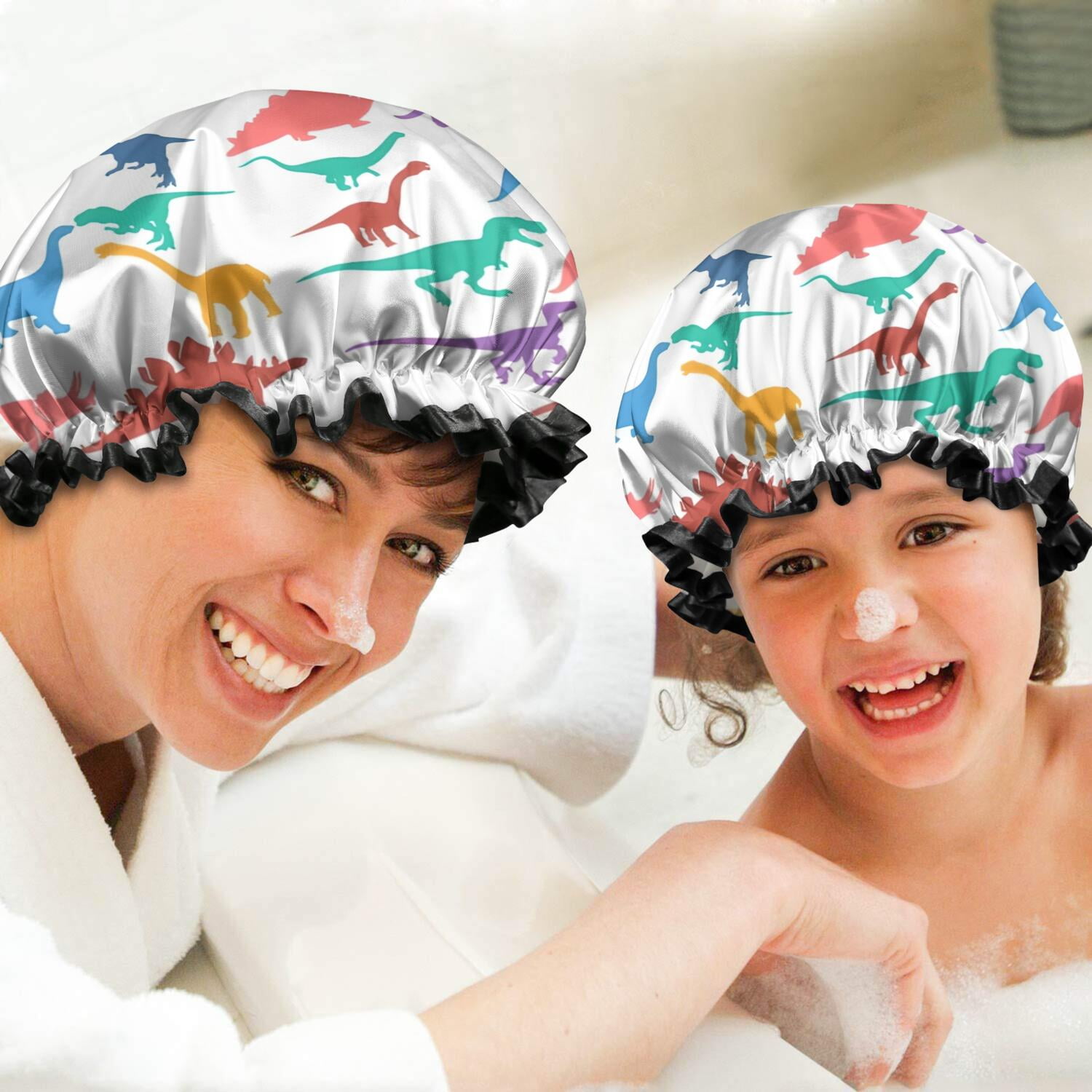 Shower Caps,Colorful Dinosaurs Silhouettes Pattern Waterproof Shower Cap for Women 4 Pieces,Double Reusable Hair Cover for Shower PEVA Elastic Stretch Hem