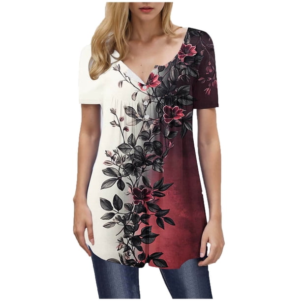 Camisas de Manga Corta para las Mujeres Casual V-Cuello Imprimir Top, Moda Poliéster/Spandex Blusa de Verano para Diario