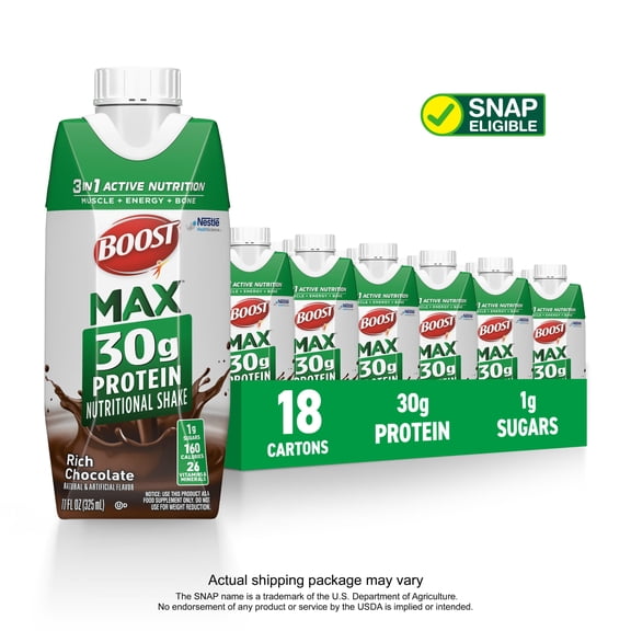 BOOST Max Protein Nutritional Shake, Rich Chocolate, 30g Protein, 18 -11 FL OZ (325 mL) Cartons
