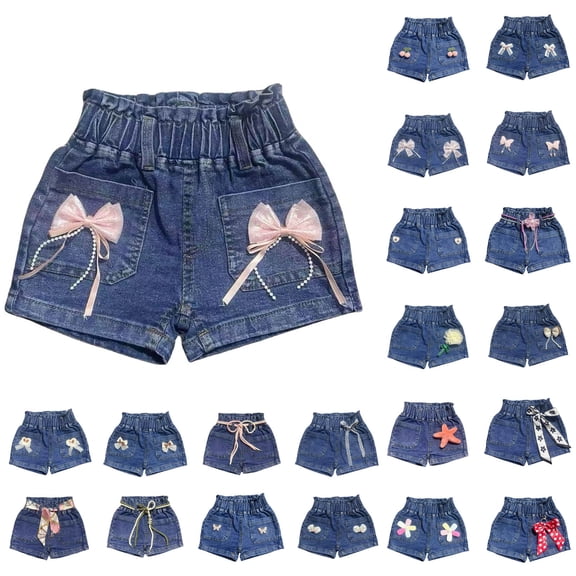 HAOTAGS Girls Denim Shorts(1-8), Summer Elastic Waist Jeans Shorts for Beach Vacation Blue 5-6Years