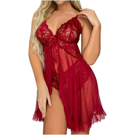 Lingerie for Women Plus Size  See Through Lingerie  Women Sexy Lingerie Open Front Babydoll Dress Lace Chemise Sleepwear Mesh Nightgown with Thong  Wine Red(XL)