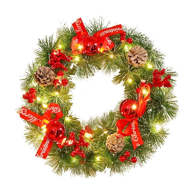 Couronne de Fleurs de Noël pour Porte, Cogneur de Porte d'Entrée d'Hiver, Utilisation Intérieure et Extérieure, Design de Cônes de Pin Fruits Rouges et Nœud, Sonnette Festive, Décorations de Vacances HAODEJW / Plastique