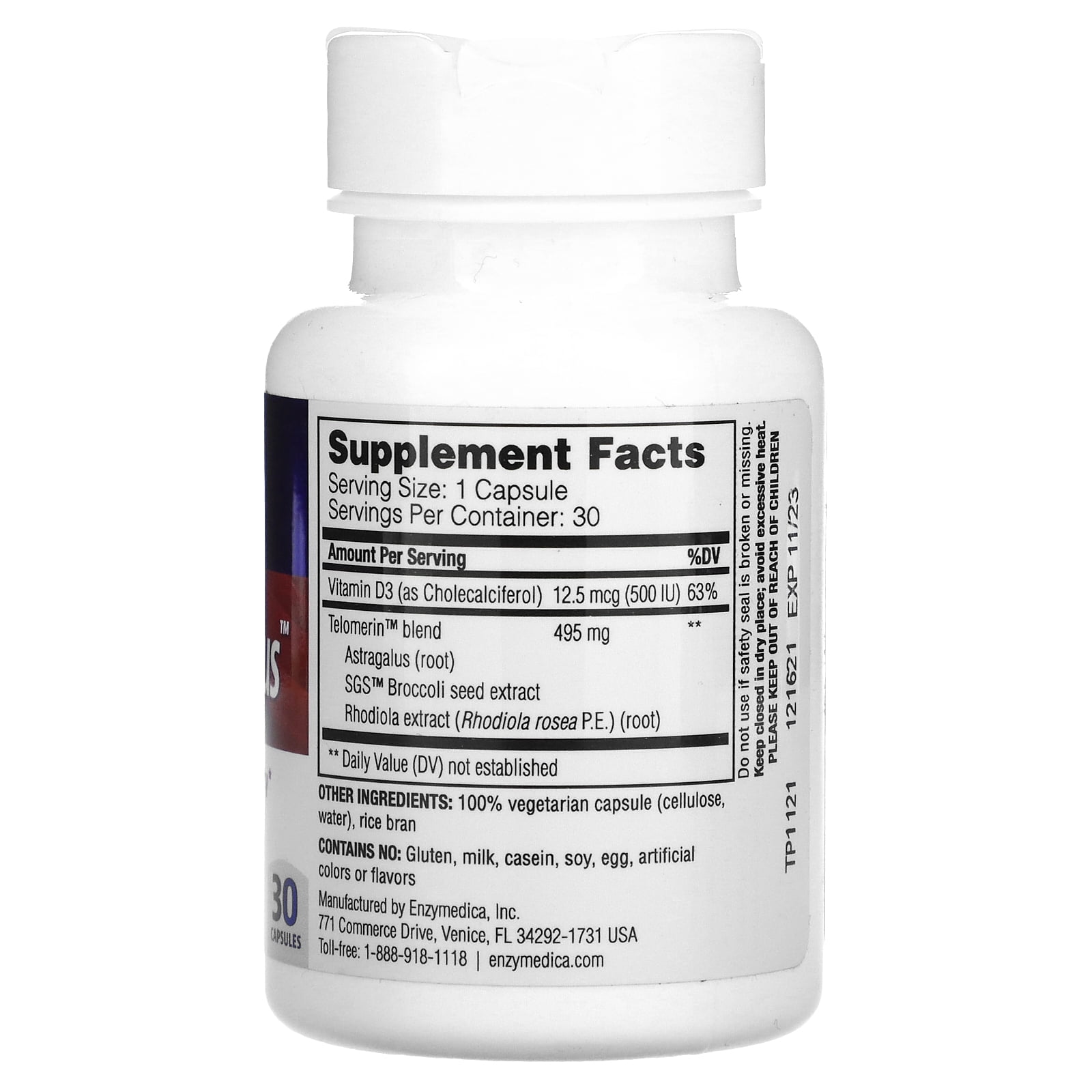 Enzymedica, Telomere Plus, Supports Healthy Aging, Cellular Health and Energy with Vitamin D3, Rhodiola and Astragalus, Vegetarian, 30 capsules (30 servings)