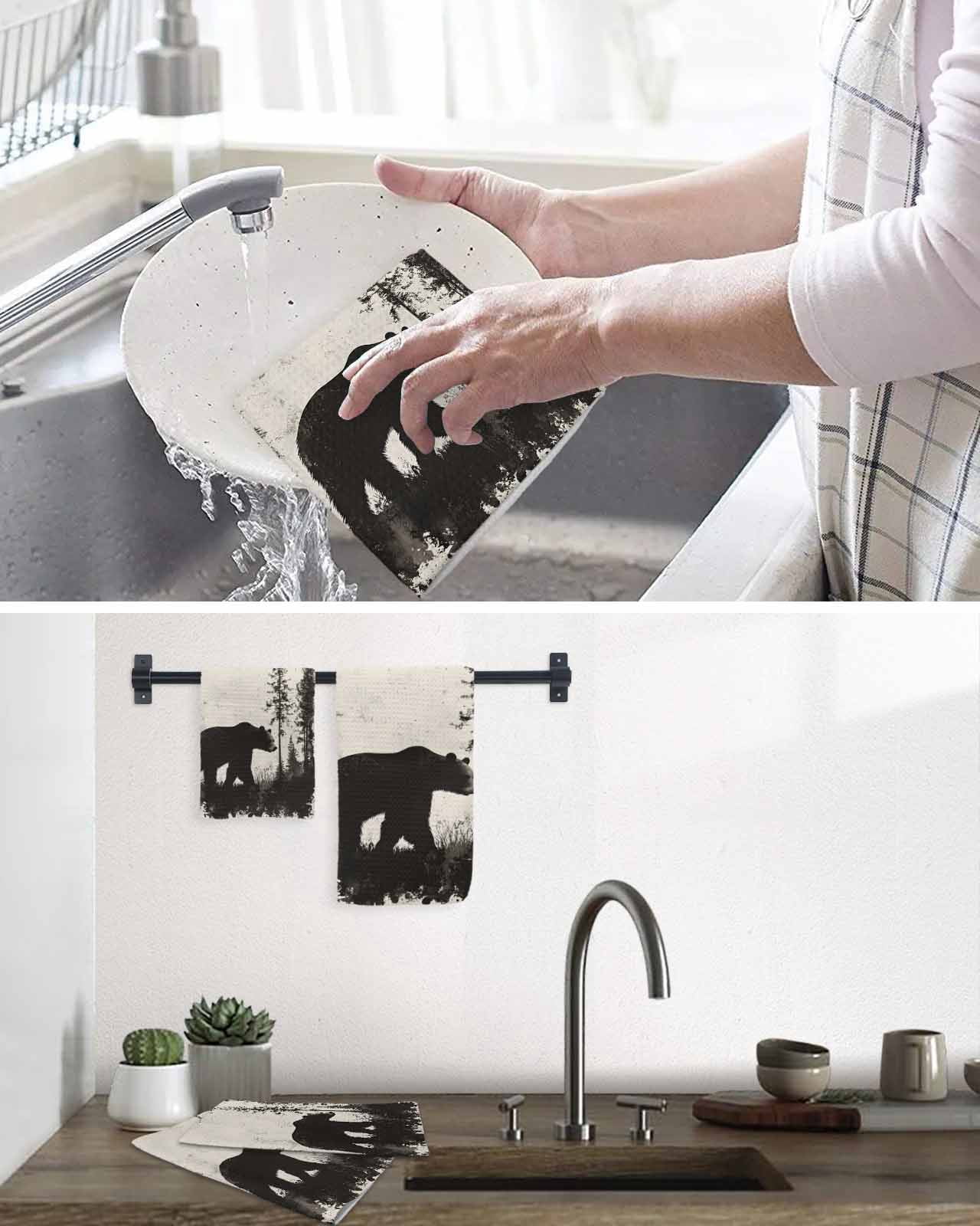 Black Bear Kitchen Dish Towels for Drying Dishes Set of 3, Vintage Forest Cabin Animals Silhouette Waffle Weave Microfiber Hand Tea Bathroom Towels Quick Dry & Absorbent Towel 15.7x23.6